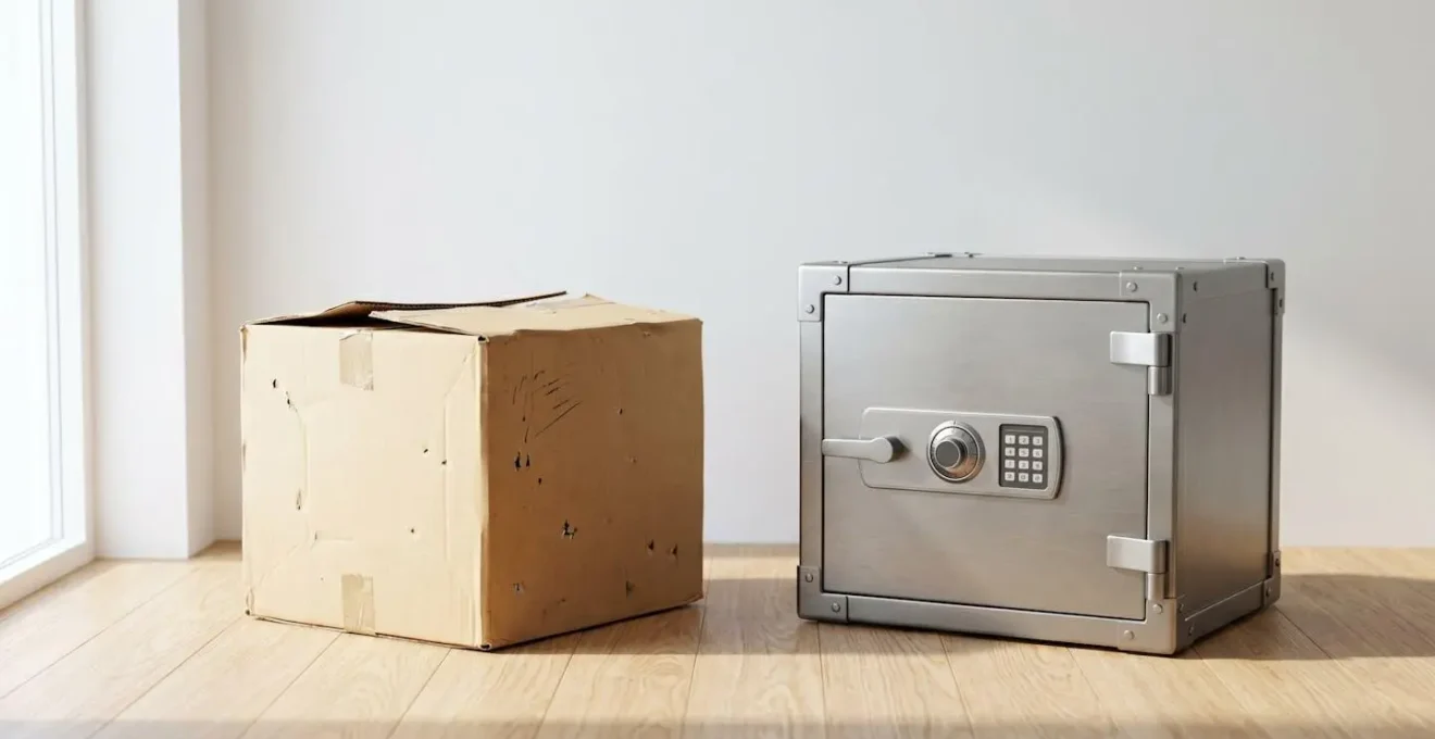 Comparaison entre une boîte en carton fragile et un coffre-fort en acier sur mesure sur une surface en bois clair